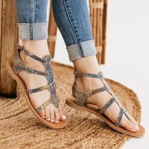 Coconuts by Matisse Stardust Multi Color Snake Print Low Gladiator Sandals NIB